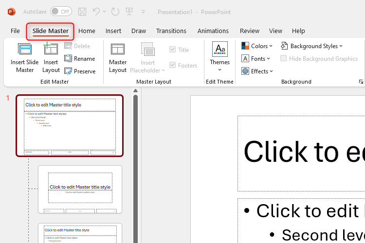The Slide Master view in PowerPoint. The Slide Master tab is highlighted to show that the Slide Master view is activated.