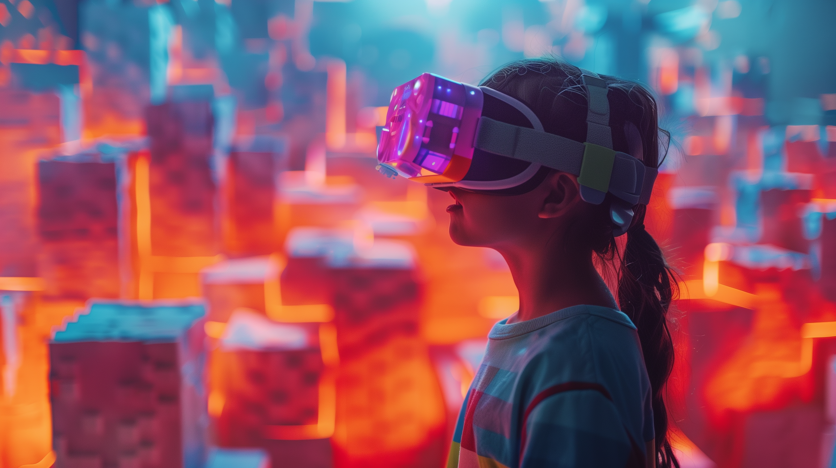 Small girl hearing a VR headset to create a video game of her likings