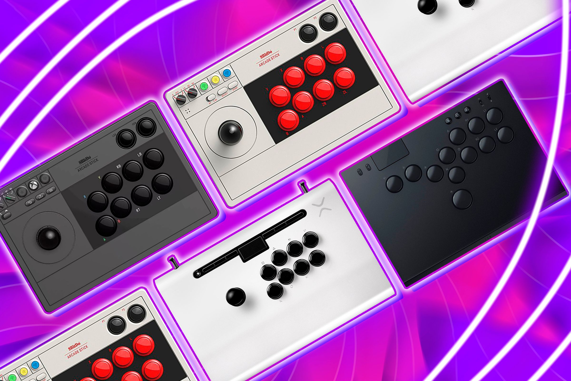 A selection of arcade fighting sticks.