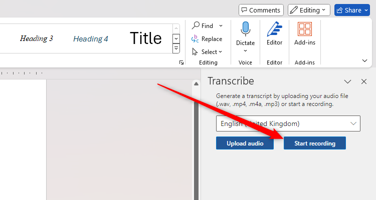The Transcribe pane in Word with the Start Recording button highlighted.