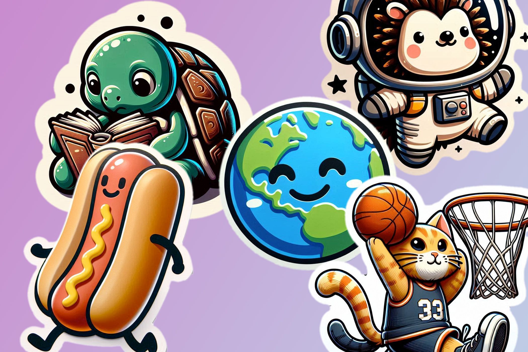 Stickers of a hot dog stick figure, a smiling Earth, a cat playing basketball, a turtle reading, and an astronaut hedgehog.