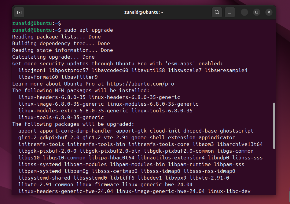 sudo apt upgrade command running on Ubuntu