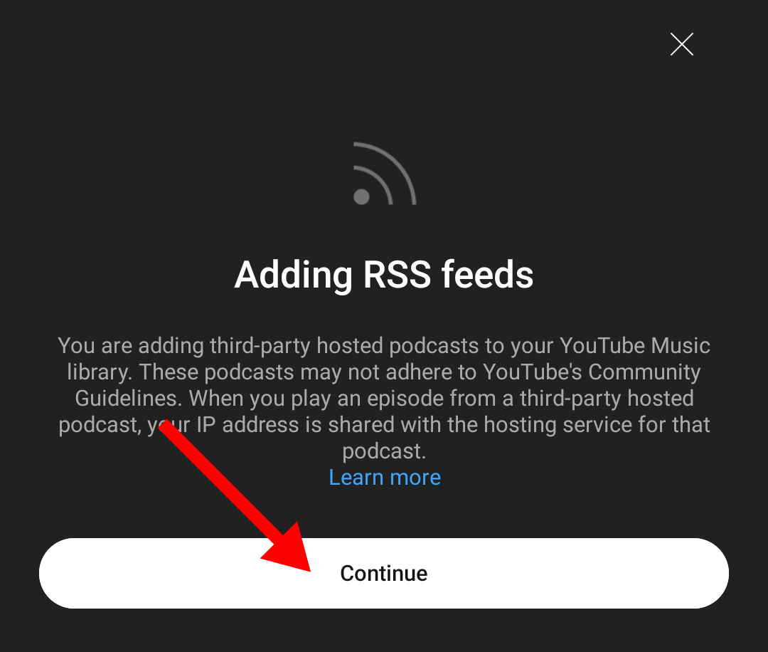 Tap on 'Continue' to add RSS feeds