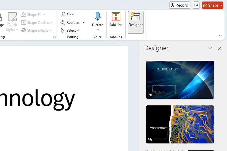 A PowerPoint slide with the title Technology, and the Designer button clicked to reveal the technology-related designs.