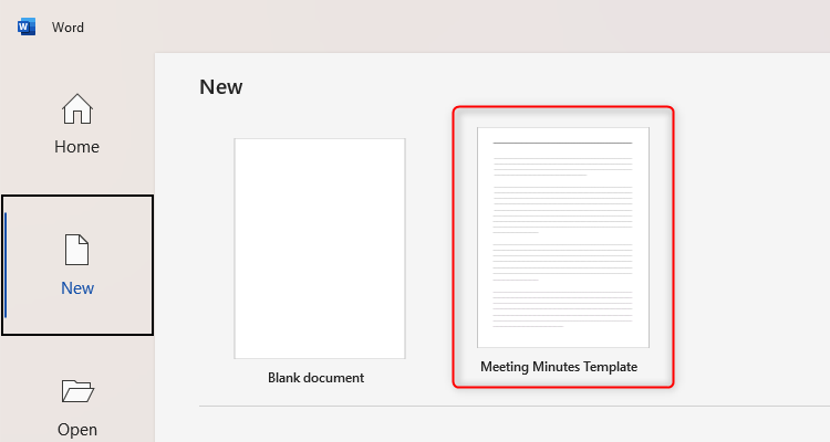 The Meeting Minutes Template showing as an option in Microsoft Word when a new document is being created.