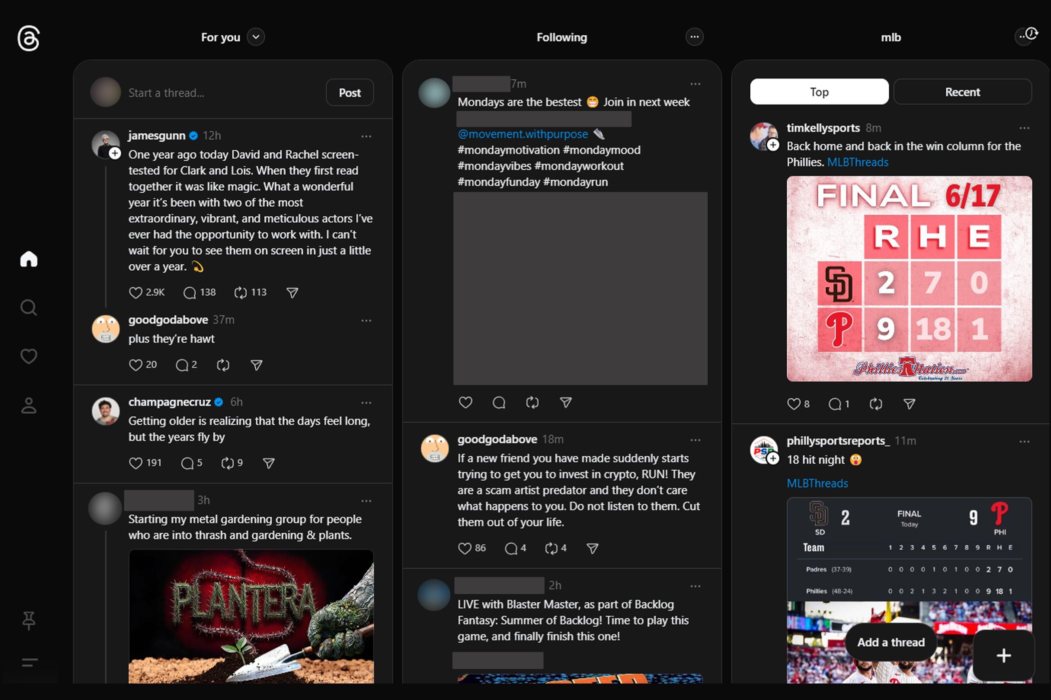 Screenshot of Pinned Columns on Instagram Threads Desktop