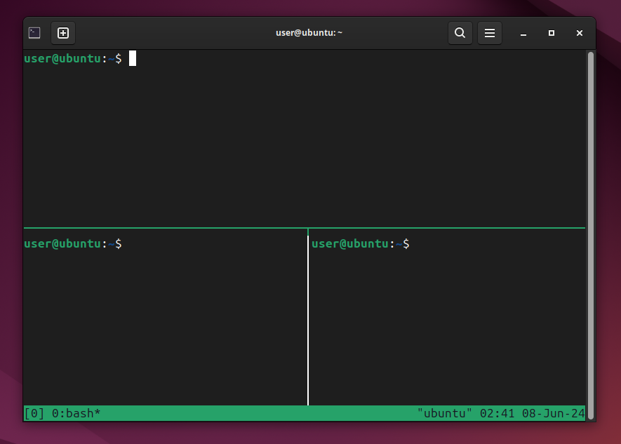 tmux multiplexer window with horizontal and vertical pane