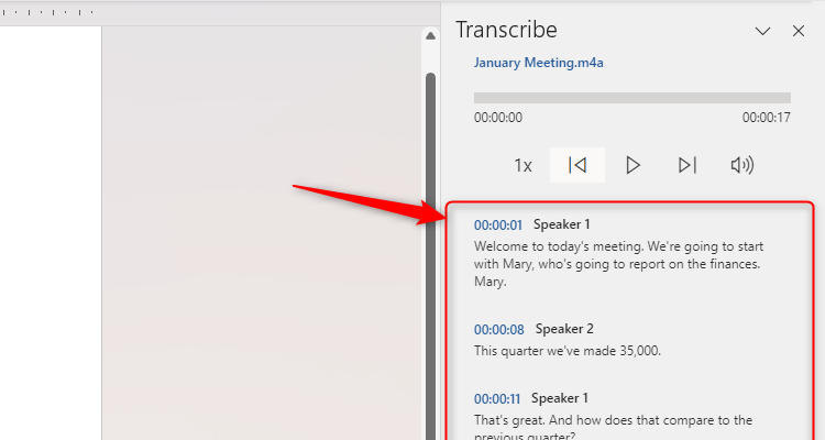 A Microsoft Word document with automatically transcribed text appearing from an audio file in the Transcribe pane.