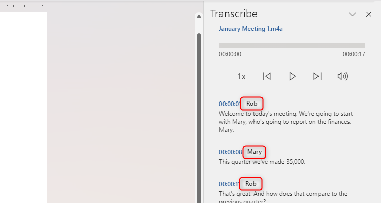 The Transcribe pane in Word with the speakers' names changed to Rob and Mary.