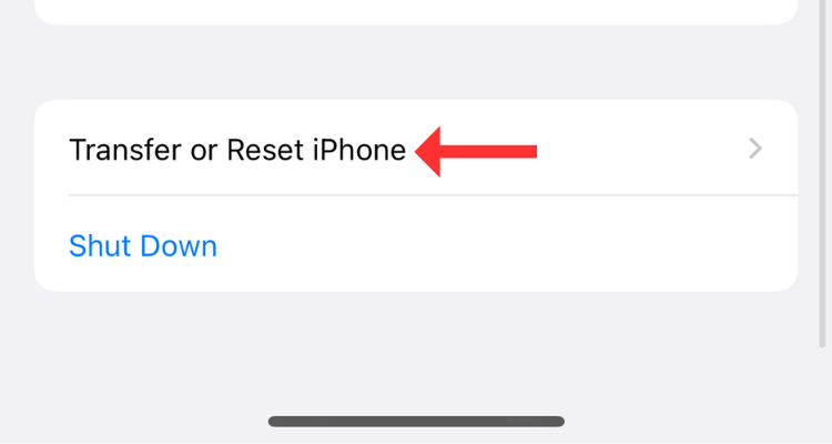 Transfer or reset iPhone option in Settings.