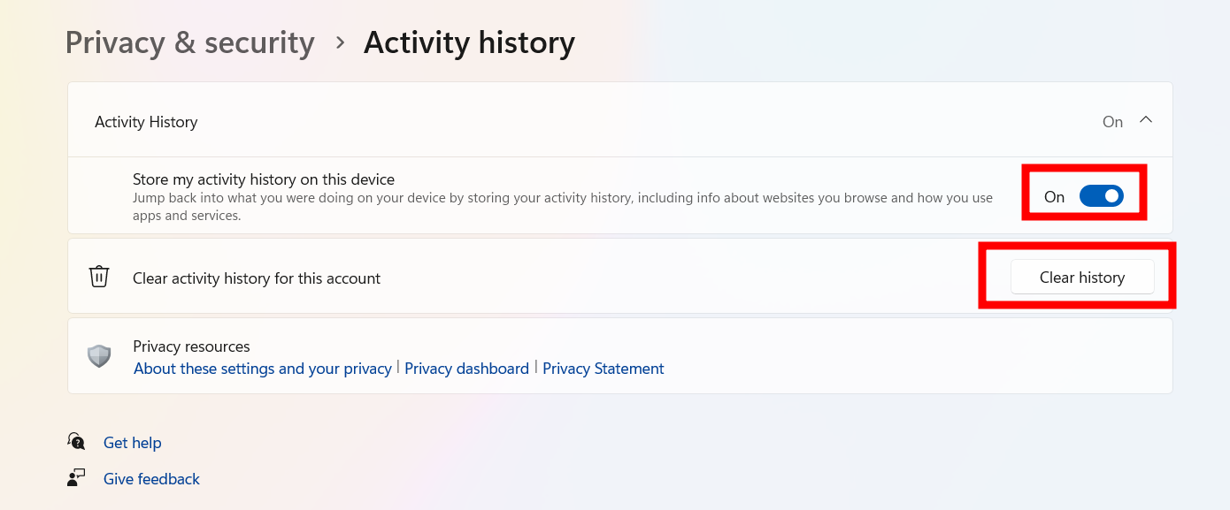 The option to turn off activity history on Windows being displayed