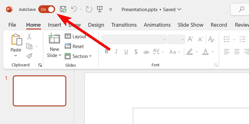 Turning on AutoSave in PowerPoint on Windows.