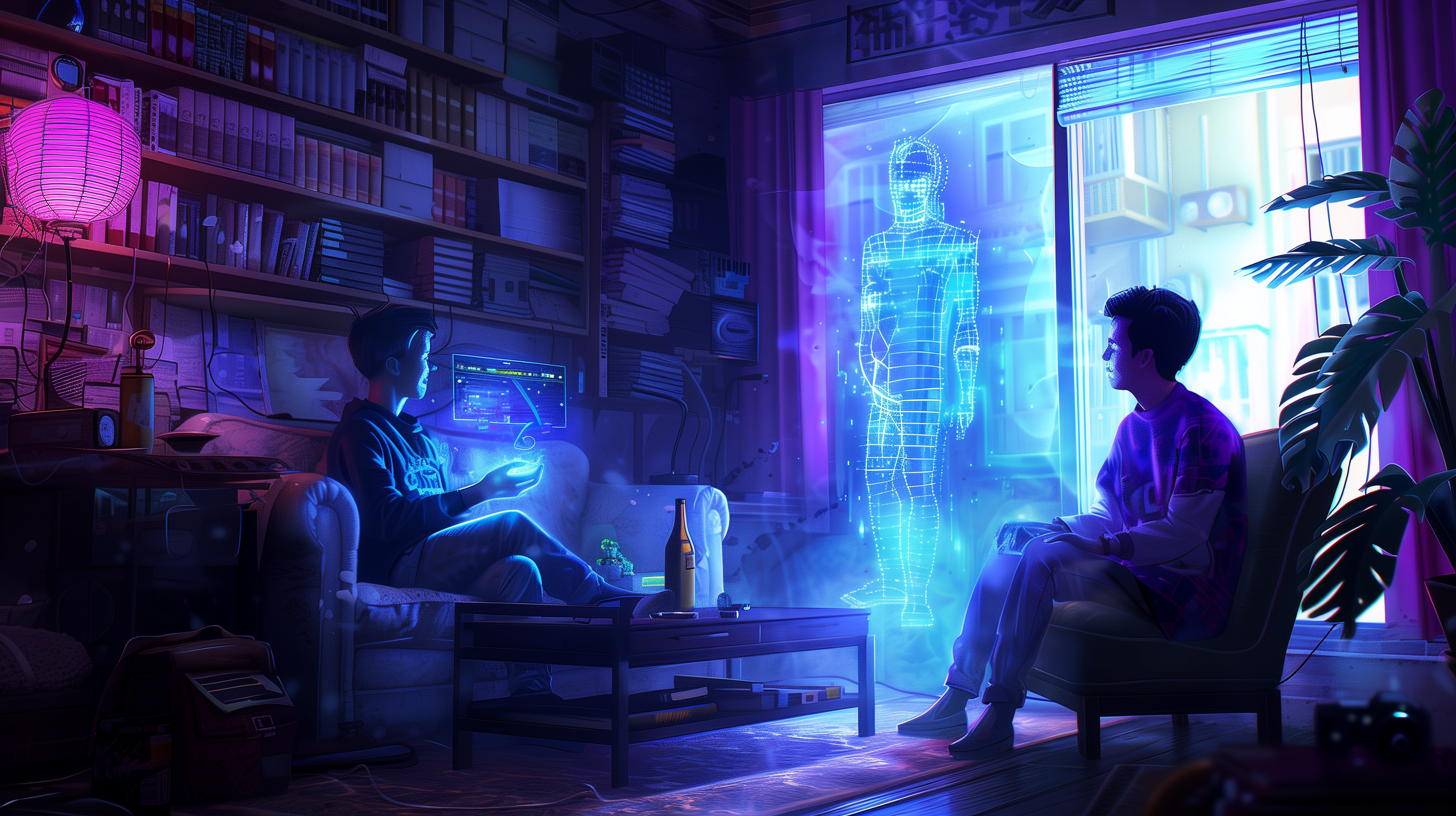 Two boys talking to an holographic AI digital assistant