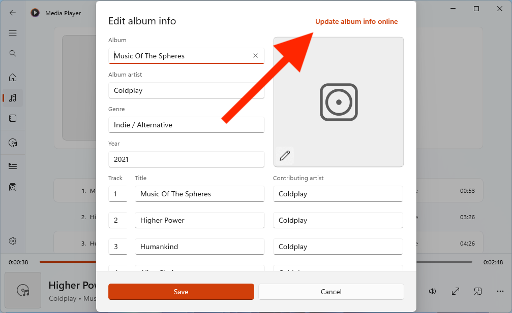 Screenshot of 'Update album info online' button in Media Player.