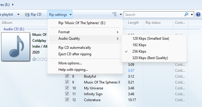 Audio quality menu in Windows Media Player.