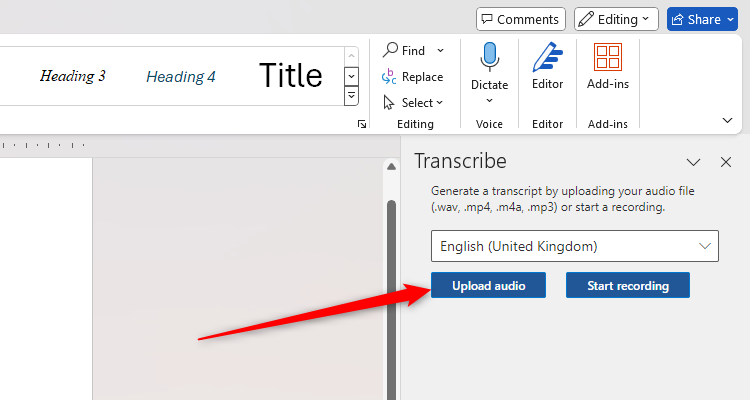 The Upload Audio button is highlighted in the Transcribe pane of the Word app.