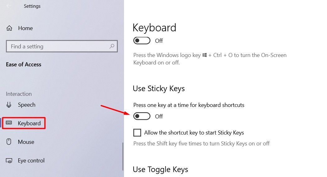 Используйте переключатель Sticky Keys в Windows 10