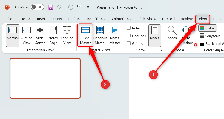 A PowerPoint presentation with the View tab and the Slide Master button highlighted.