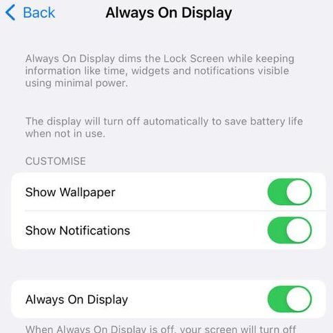 Always On Display Settings on iPhone