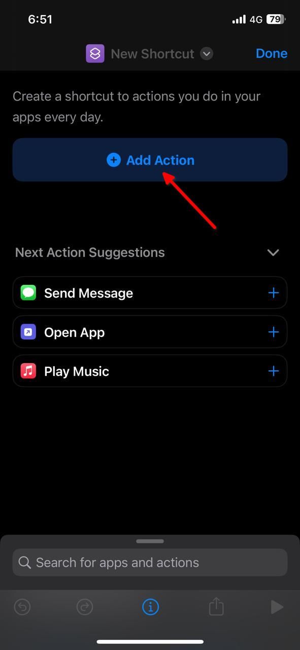 Creating a new WhatsApp action in iOS.