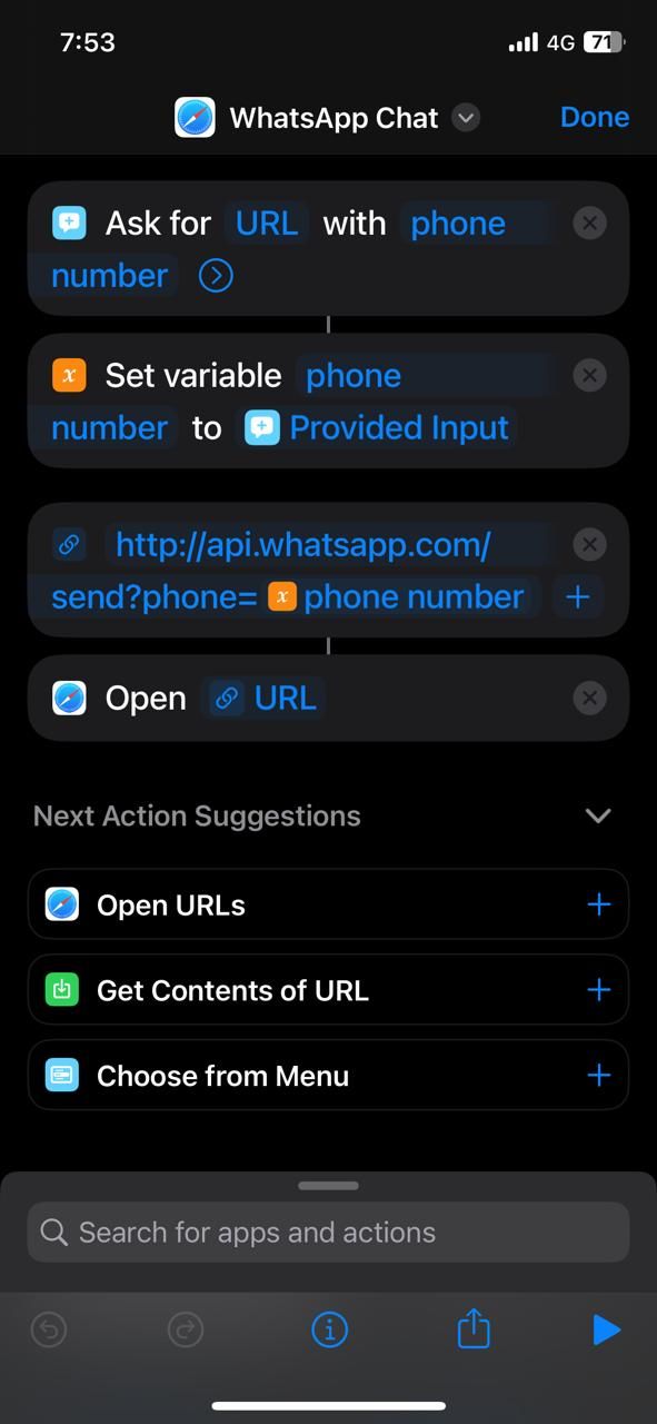 Last step in the WhatsApp no-contact chat action.