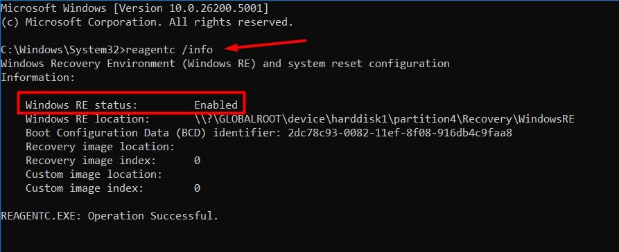 Windows RE status in Command Prompt
