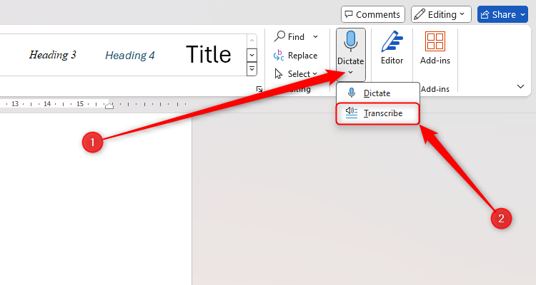 Word's Transcribe option, accessed through the Dictate icon in the Home tab on the ribbon.