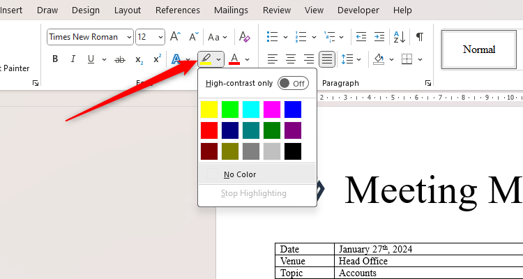 A Word document with the highlighter tool indicated and opened.