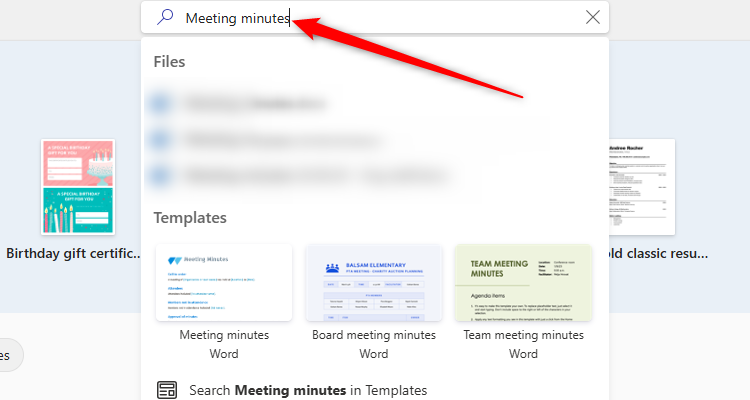 Word for the Web with 'Meeting minutes' typed into the search.