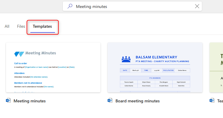 Word for the Web's meeting minutes templates, accessed through the Templates tab.