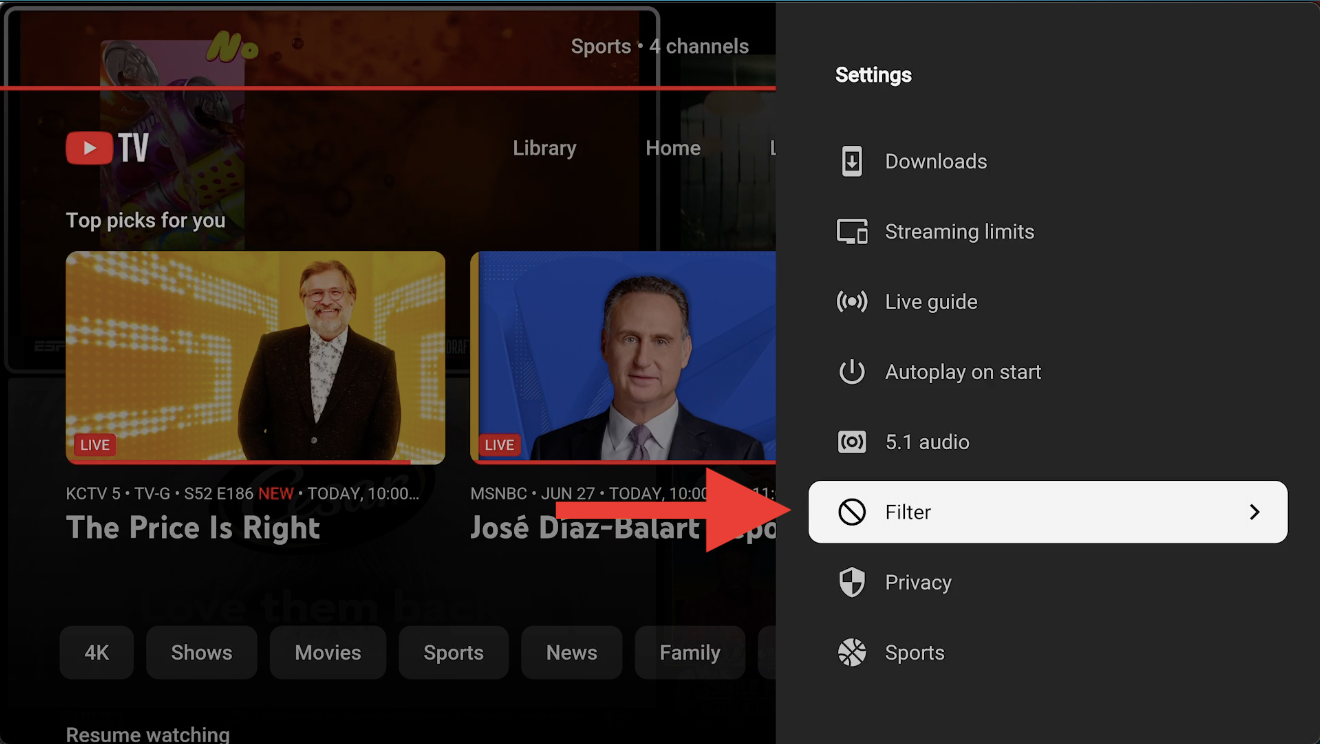 The Settings menu in the YouTube TV has an option that says Filter.