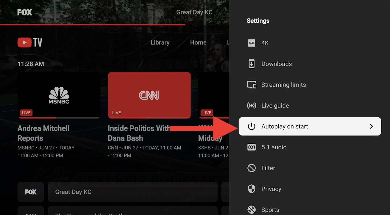 Settings menu in the Apple TV version of the YouTube TV app shows option to Autoplay on Start.