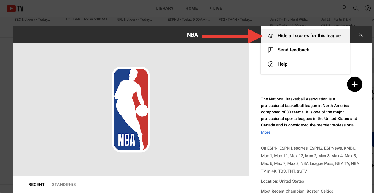 Page for the NBA on the desktop version of YouTube TV shows an option that says Hide all scores for this league.