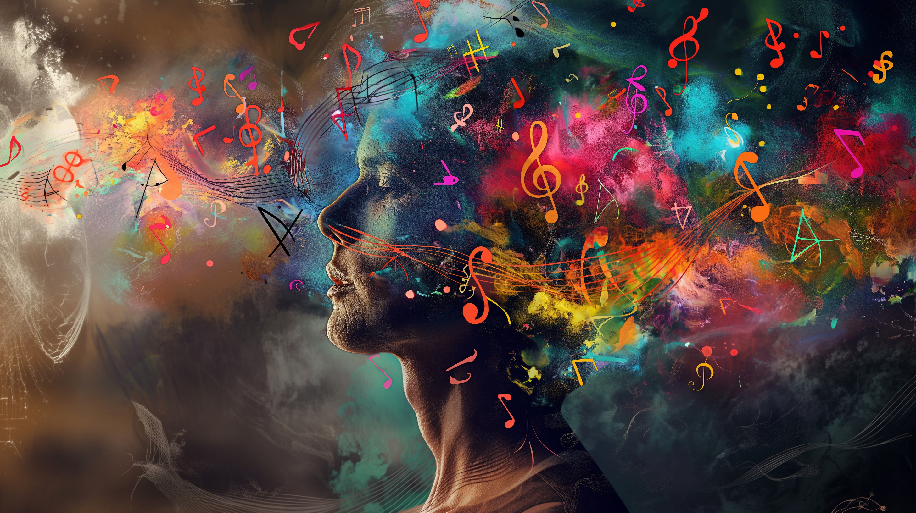 An AI image of a woman visualising a song in her mind.