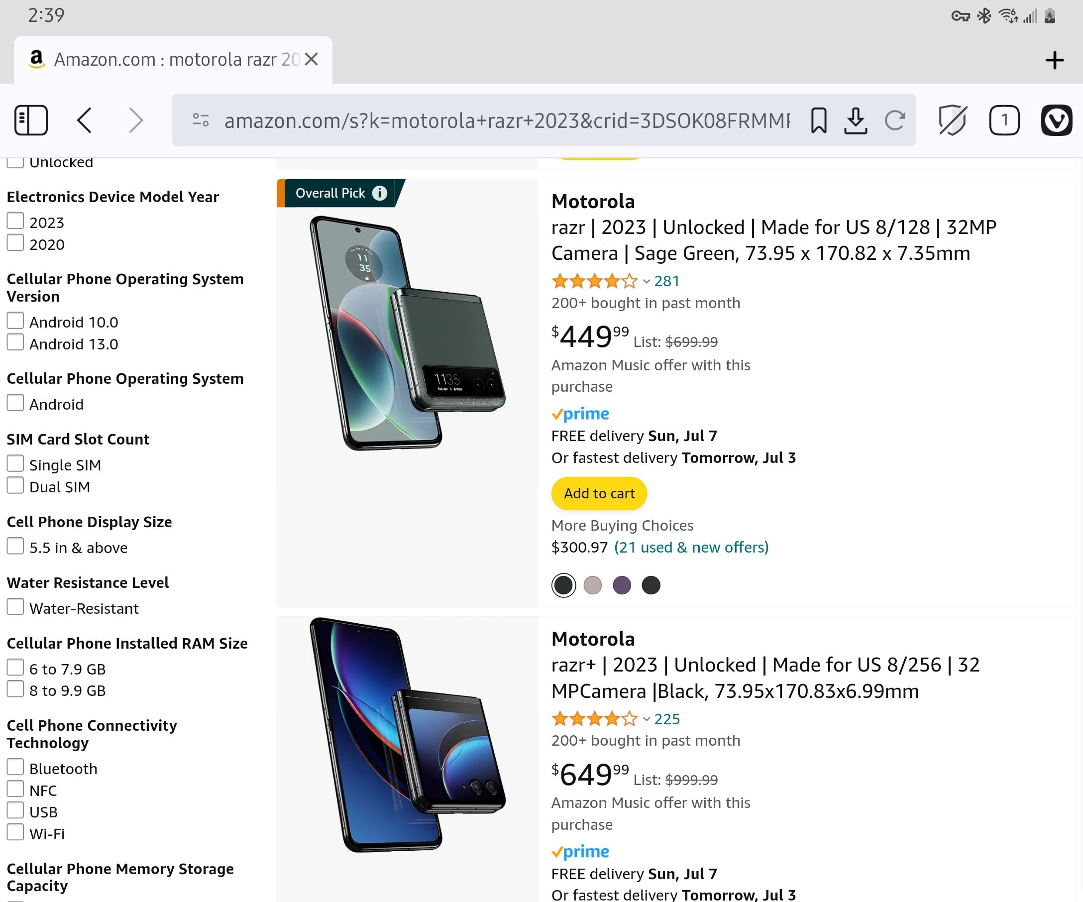 The Motorola Razr and Razr+ available for discounted prices on Amazon.