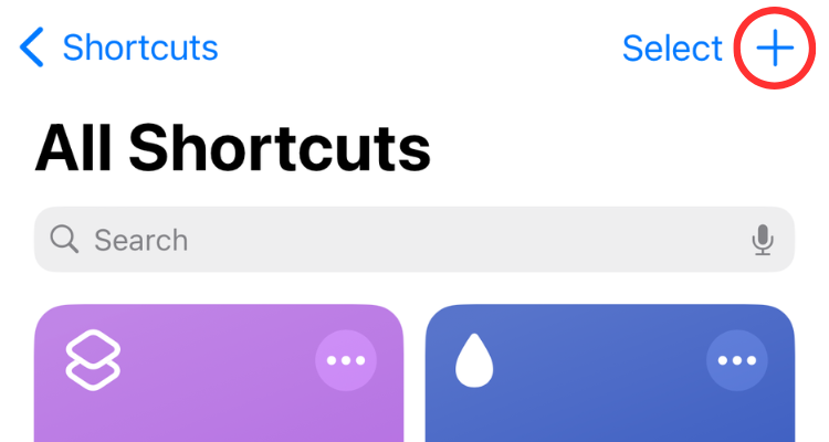 Screenshot of the iPhone's Shortcuts app highlighting the option to add a shortcut.
