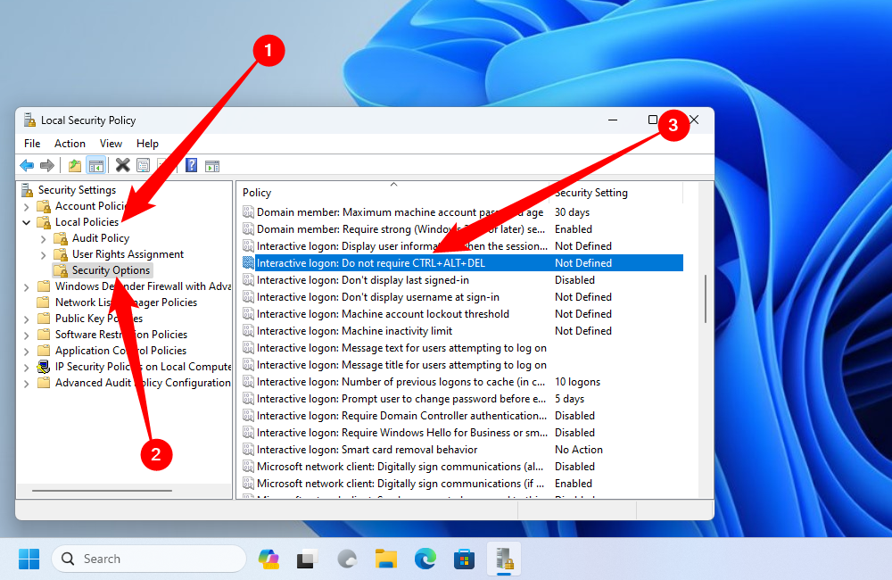 Navigate to Local Policies, then to Security Options, then click 'Interactive logon: Do Not Require CTRL+ALT+DEL.'