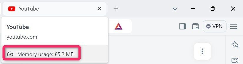 Checking the memory usage by YouTube in the Brave browser.