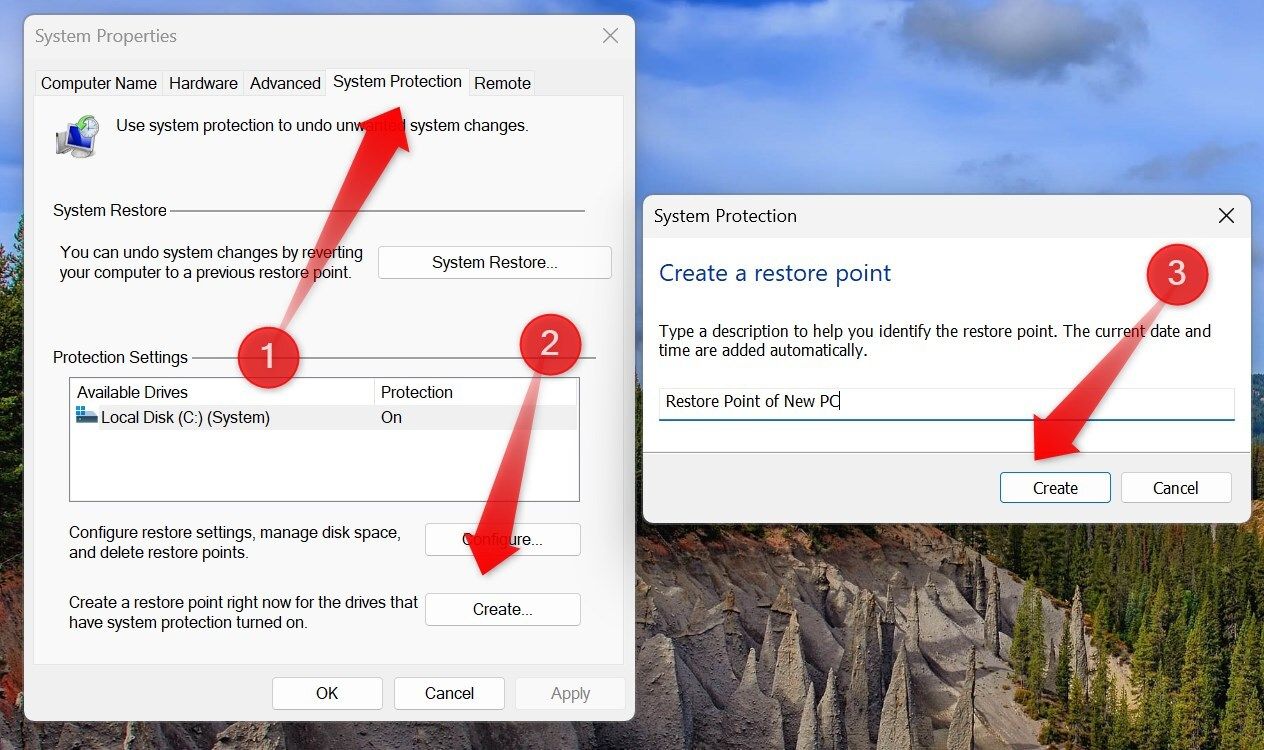 Creating a system restore point in Windows.