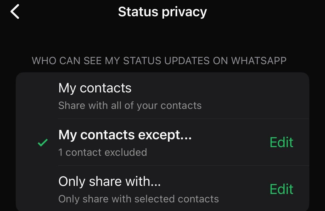 Excluding some contacts from seeing my status on WhatsApp
