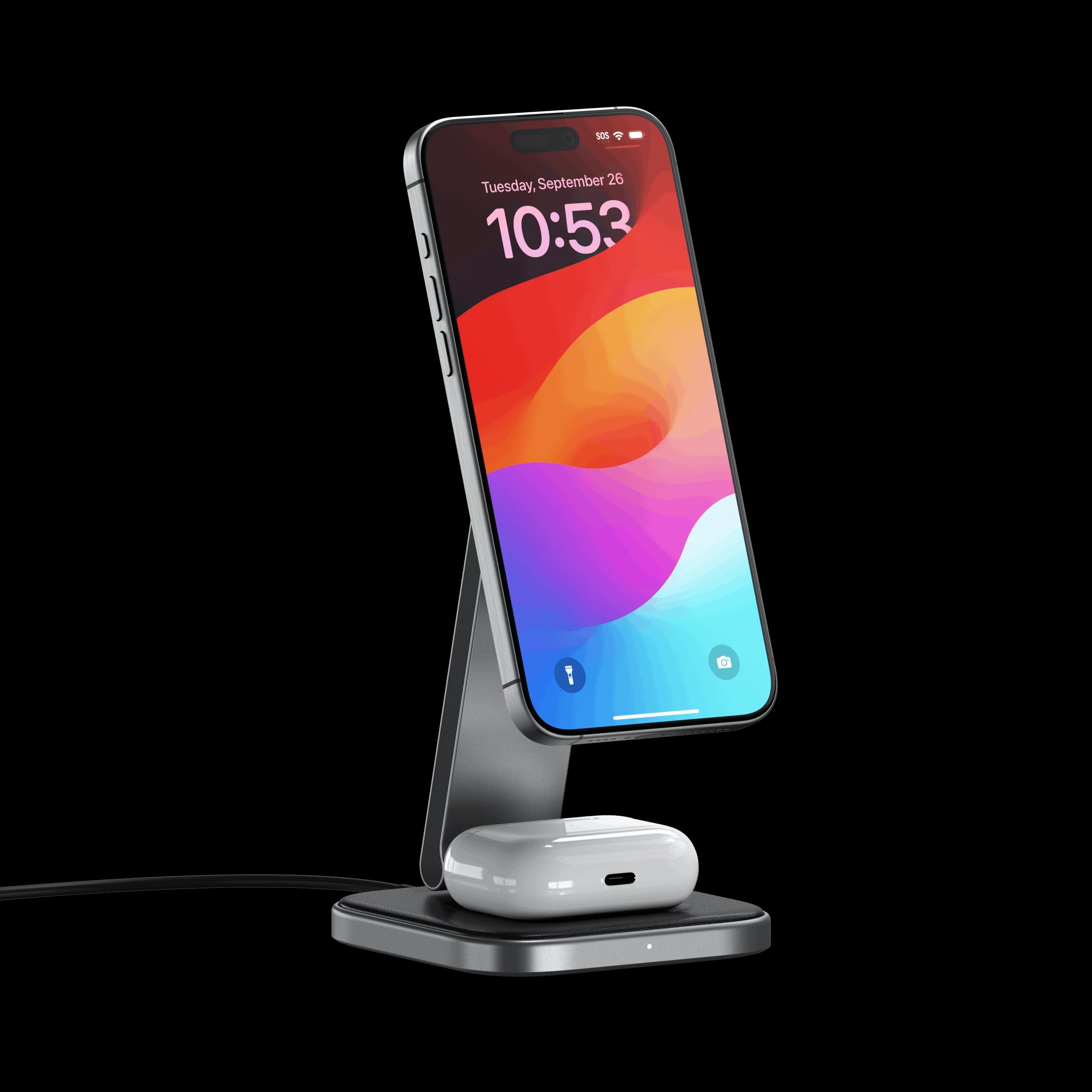 Satechi 2-in-1 Foldable Qi2 Wireless Charging Stand with iPhone and AirPods from front