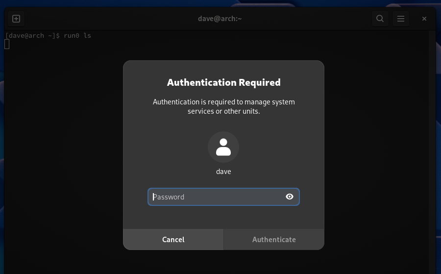 The run0 authentication dialog in GNOME