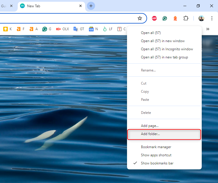 Adding a new bookmarks folder in Chrome.