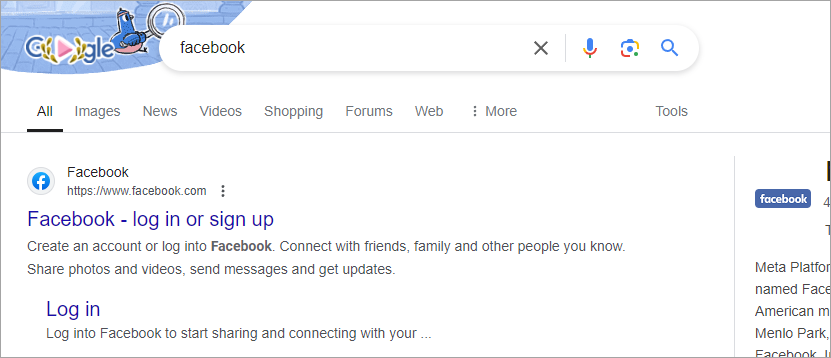 Searching for Facebook on Google