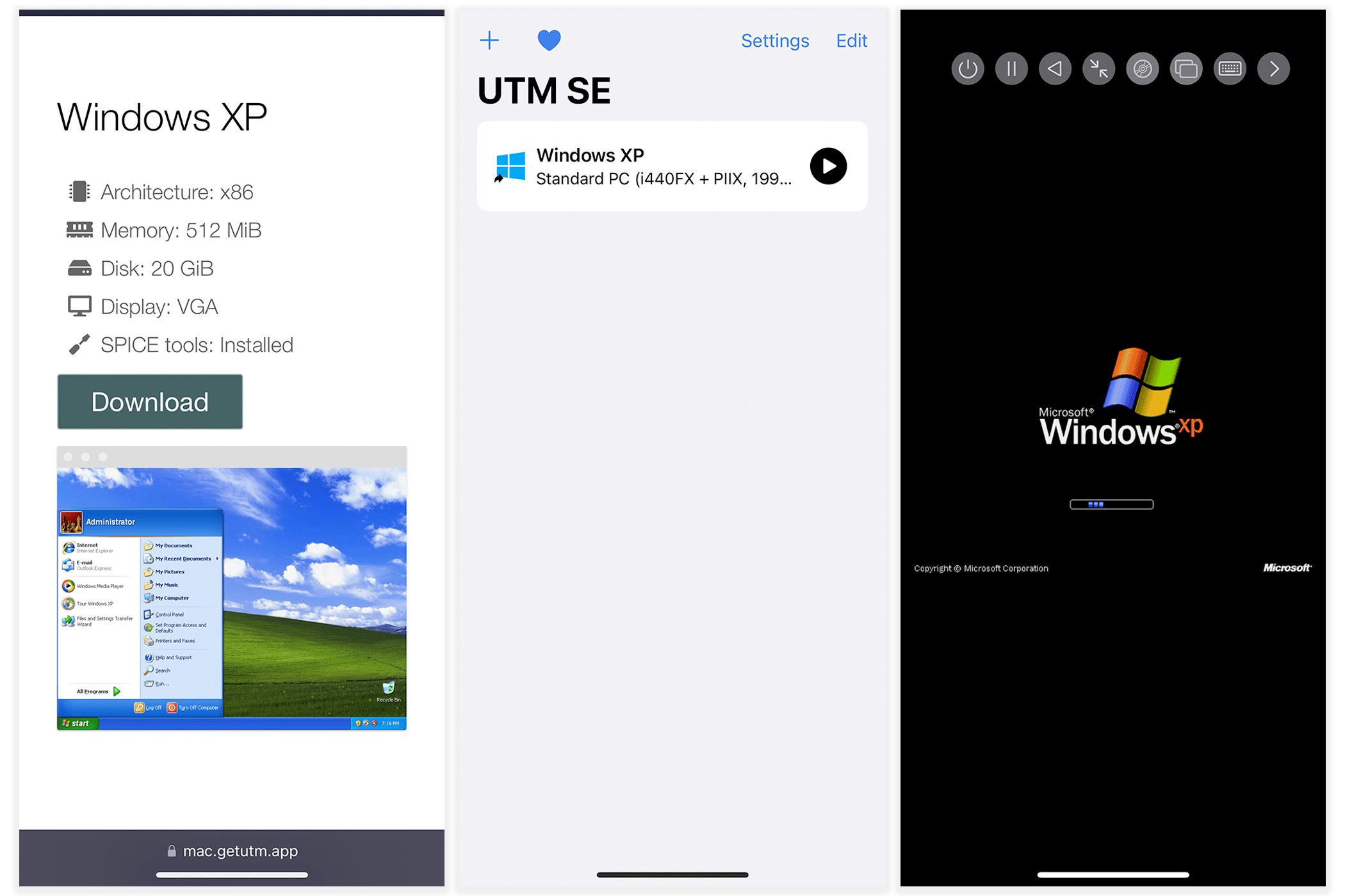 Setting up Windows XP emulation on an iPhone through UTM SE.