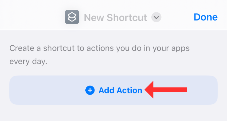 Screenshot of the Add Action button in iPhone's Shortcuts app.