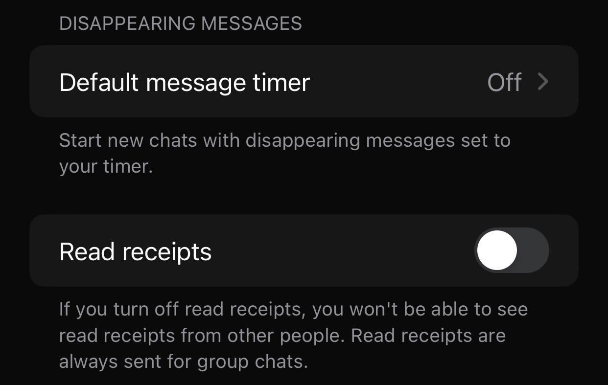 Disabling read receipts in WhatsApp