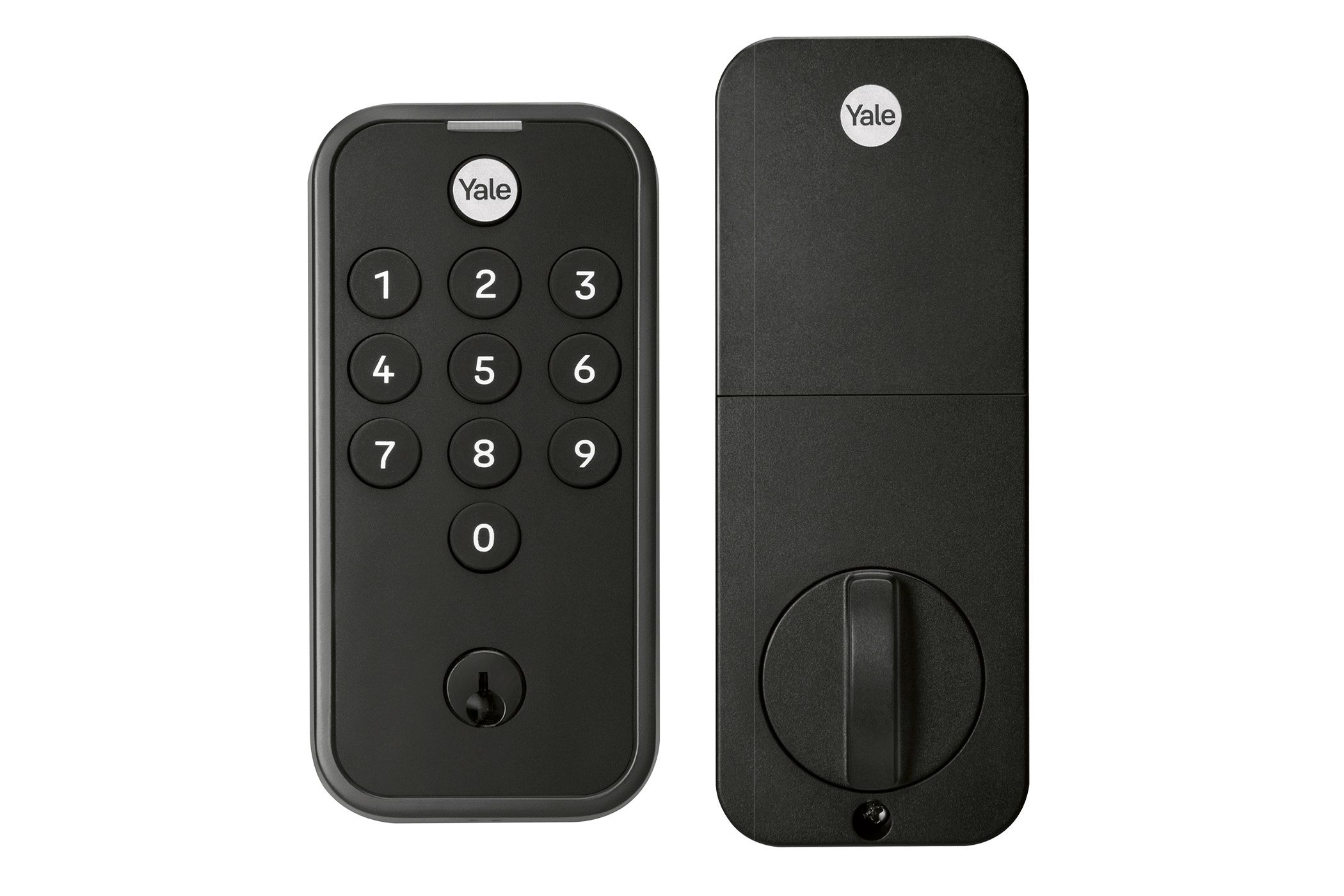 An interior and exterior view of the Yale Code keypad lock, as you would see on either side of a door.