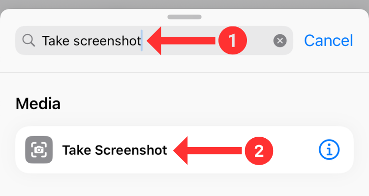 Screenshot of the Take Screenshot button in Shortcuts app.