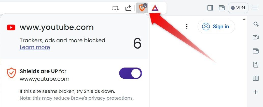 Brave Shields blocking ads and trackers on YouTube.